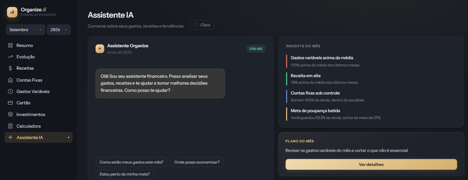 Tela do Assistente de IA do Organize AI com insights do mês e plano de ação
