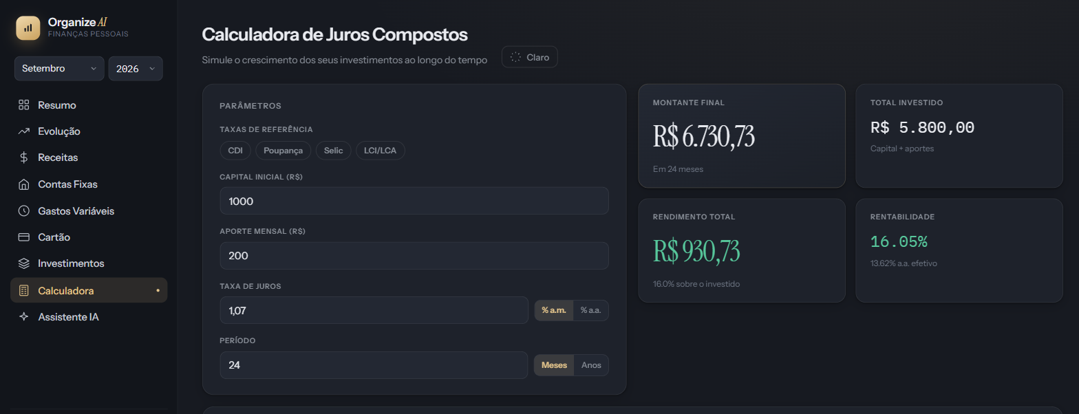 Tela da Calculadora de Juros Compostos do Organize AI com simulação de investimento