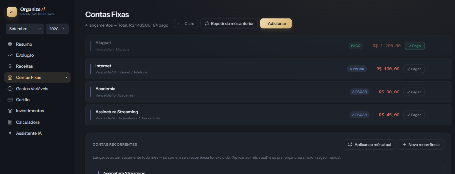 Tela de Contas Fixas do Organize AI com lista de contas do mês e painel de recorrências
